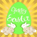 Typography banner Happy Eastern, green egg and gold Easter bunny