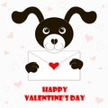 Typography banner Happy Valentine`s day, black and white cartoons dog with envelope, red hearts