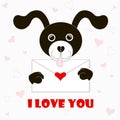 Typography banner I love you, black and white cartoons dog with envelope, red hearts