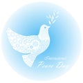 Typography banner International Peace Day, white dove of peace on blue, ornaments, hand drawn Royalty Free Stock Photo