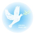 Typography banner International Peace Day, white dove of peace on blue, ornaments, hand drawn Royalty Free Stock Photo