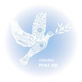 Typography banner International Peace Day, white dove of peace on blue, ornaments, hand drawn Royalty Free Stock Photo