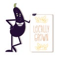 Typography banner Locally grown with smiling eggplant on white