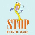 Typography banner Stop plastic ware, yellow the scared fish eat the plastic bottle on blue