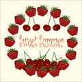 Typography banner Sweet Summer. Strawberries chaplet, cherries on light background