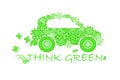 Typography banner Think green, green stylized flowers doodle car on white Royalty Free Stock Photo