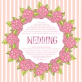 Typography banner Wedding. Pink wreath, green leafs and on a striped background, sakura flowers. Vector Royalty Free Stock Photo