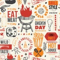 Typography barbecue seamless pattern. BBQ menu texture with grilled food.