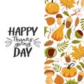 Typography composition for Thanksgiving Day. Autumn leaves, pumpkin, chestnut, acorn, mushroom and lettering. Royalty Free Stock Photo