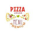 Typography flat pizzeria house logo creative design with pizza slices. Fast food business. Colorful pizzeria badge