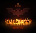 Typography Halloween party poster with burning letters and bat silhouette. Halloween background