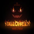 Typography Halloween party poster with burning letters and jack o lantern. Halloween background