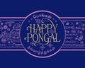 Typography of Happy Pongal Holiday Harvest Festival of Tamil Nadu South India blue background