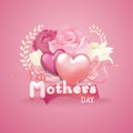 Typography Mother`s day text with flowers, pink ribbon 3d minimal realistic vector graphic