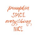 Typography pumpkin spice everything nice. Trendy lettering autumn phrase. Seasonal party invitation. Autumn menu text design. Royalty Free Stock Photo