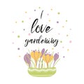 I love gardening phrase decorated flower bouquet crocuses in pot Vector inspirational phrase