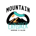 typography slogan mountain explorer with carabiner and alpine mountain silhouette inside background illustration for T-shirt and