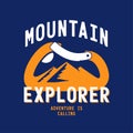 typography slogan mountain explorer with carabiner and alpine mountain silhouette inside background illustration for T-shirt and