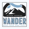 typography slogan wander outdoor adventure with carabiner and alpine mountain silhouette inside background illustration for T-