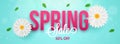 Typography of spring with daisy flowers and 50% discount offer. Sale header or banner design. Royalty Free Stock Photo