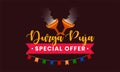 Typography text on indian festival of durga puja with Dhunuchi and decorative background with with special offer