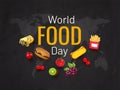 Typography of World Food Day with fruits and fast food elements decorated on black world map background. Can be used as banner or Royalty Free Stock Photo