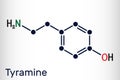 Tyramine, tyramin molecule. It is monoamine compound derived from tyrosine. Skeletal chemical formula