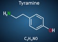 Tyramine, tyramin molecule. It is monoamine compound derived from tyrosine. Structural chemical formula on the dark blue