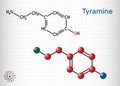 Tyramine, tyramin molecule. It is monoamine compound derived from tyrosine. Structural chemical formula and molecule model. Sheet