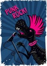 Punk dinosaur with a microphone. Rock music poster. Vintage style. Tyrannosaur with pink hair.