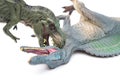 Tyrannosaurus biting spinosaurus on white