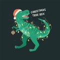 Tyrannosaurus Christmas Tree Rex Card. Dinosaur in Santa hat decorates Christmas tree garland lights. Vector Royalty Free Stock Photo