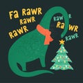 Tyrannosaurus Christmas Tree Rex Card. Dinosaur in Santa hat decorates Christmas tree garland lights. Vector