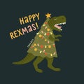 Tyrannosaurus Christmas Tree Rex Card. Dinosaur in Santa hat decorates Christmas tree garland lights. Vector