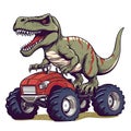 Tyrannosaurus dinosaur rides on a red car. TRex Riding Monster Truck clipart, AI Generated