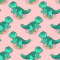 Tyrannosaurus isometric texture. Dinosaur seamless pattern.