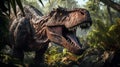 Tyrannosaurus rex from ancient predatory prehistoric period in jungle. Generative AI