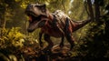 Tyrannosaurus rex from ancient predatory prehistoric period in jungle. Generative AI