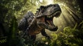 Tyrannosaurus rex from ancient predatory prehistoric period in jungle. Generative AI