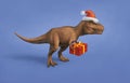 Tyrannosaurus rex carrying christmas present