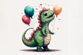 Tyrannosaurus rex dinosaur cartoon standing and holding air balloons