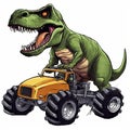 Tyrannosaurus rex dinosaur on a monster truck. TRex Riding Monster Truck clipart, AI Generated