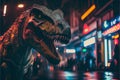 Tyrannosaurus Rex Dinosaur roaring in city at night