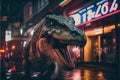 Tyrannosaurus Rex Dinosaur roaring in city at night