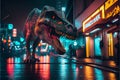 Tyrannosaurus Rex Dinosaur roaring in city at night