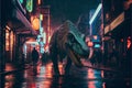 Tyrannosaurus Rex Dinosaur roaring in city at night