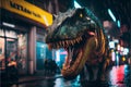 Tyrannosaurus Rex Dinosaur roaring in city at night