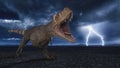 Tyrannosaurus Rex dinosaur roars in a barren desert landscape at night with lightning storm in the background. 3D rendering