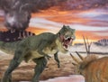 Tyrannosaurus rex fighting with a triceratops with erupting volcano in the background