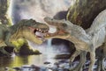 Tyrannosaurus rex fighting versus a Spinosaur with waterfall in the background